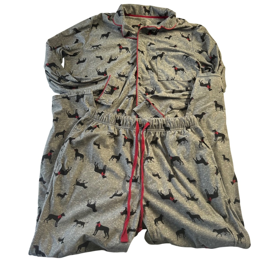 Cuddl Duds Pajama Set Womens Large Gray Black Dog Print Button Up Top Pants L